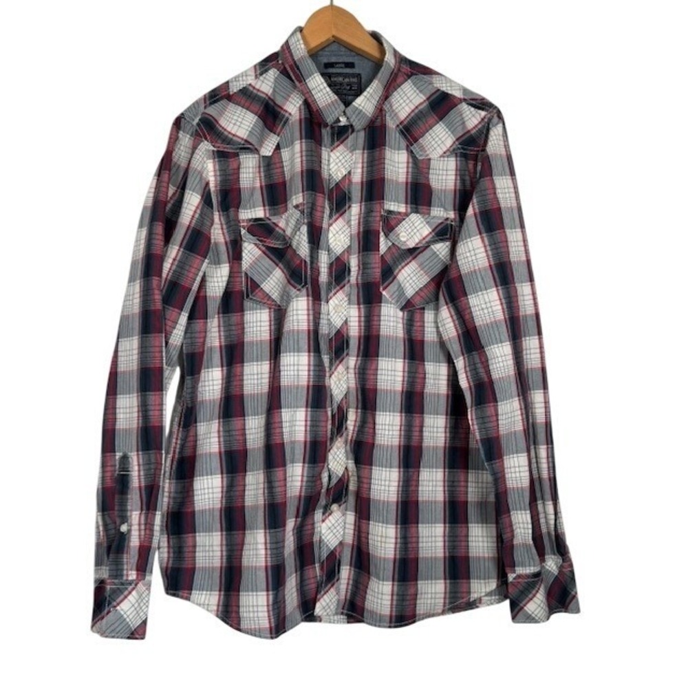 American Rag Plaid Snap Front Western Shirt Long Sleeve Men Large Red Navy White